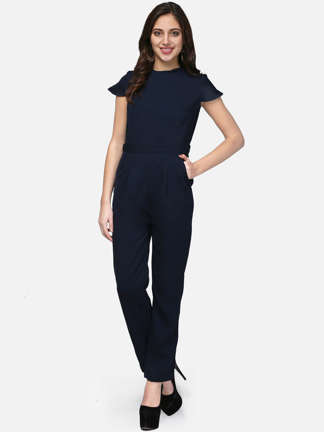 V&M Women Navy Blue Solid Basic Jumpsuit