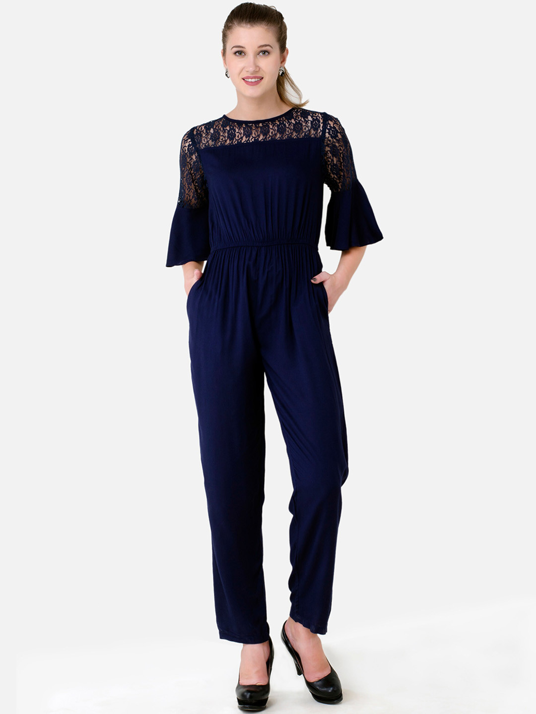 V&M Women Navy Blue Self Design Basic Jumpsuit