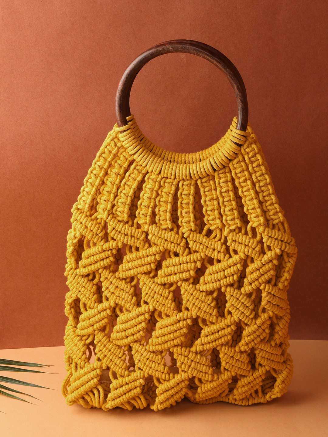 STREET 9 Yellow Wood & Crochet Satchel
