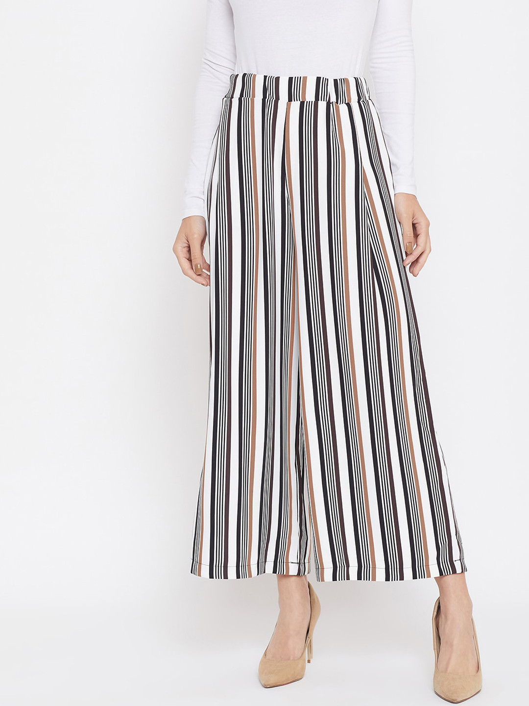 Crimsoune Club Women White & Brown Relaxed Regular Fit Striped Parallel Trousers