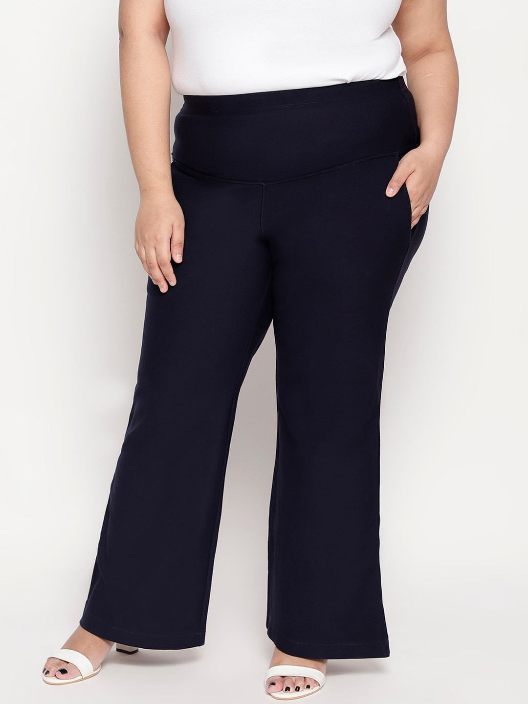 Amydus Women Plus Size Navy Blue Flared Solid Parallel Trousers