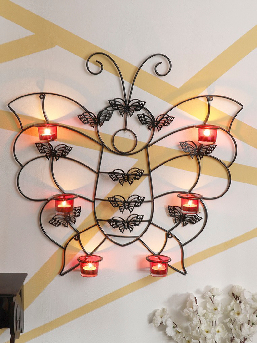 Home Sparkle Black Butterfly Iron Tealight Candle Holders with 6v Glass Cups
