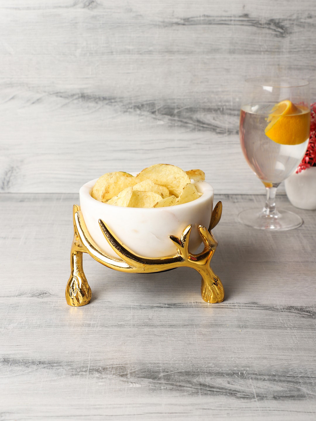NikkisPride White & Gold-Toned Marble Bowl With Antler Stand