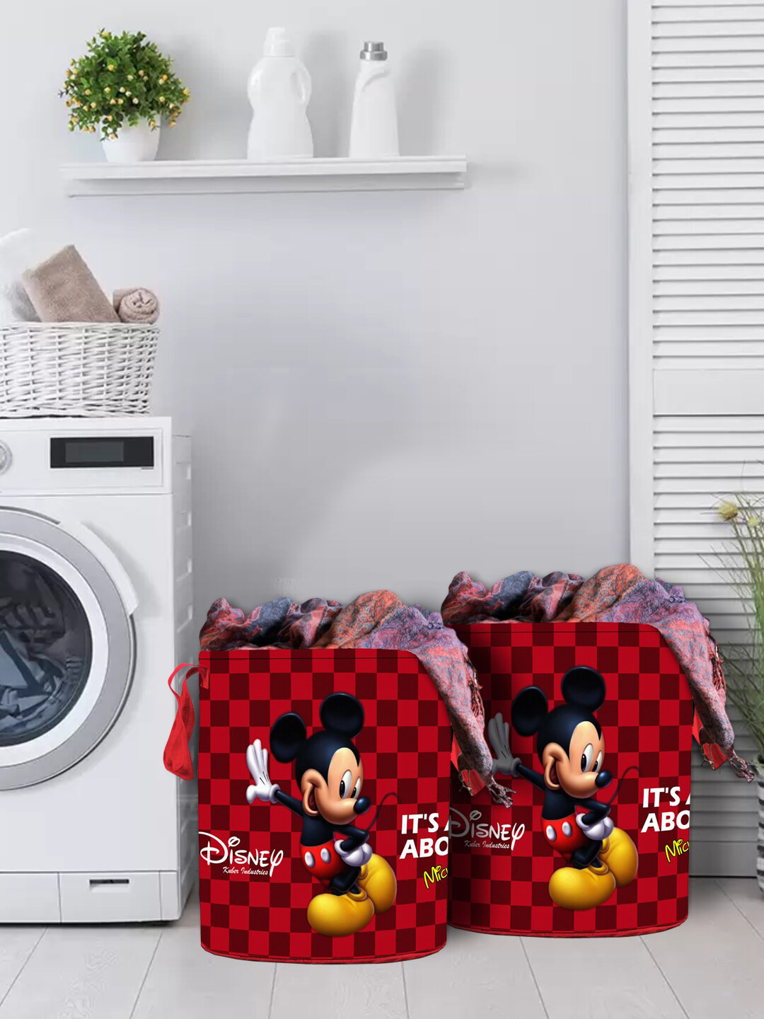 Kuber Industries Set Of 2 Maroon & Black Disney Mickey Print Foldable Sustainable Laundry Basket With Handles