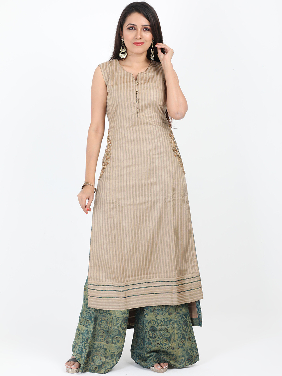 SABOO COLLECTIONS Women Beige & Green Striped Kurta with Palazzos