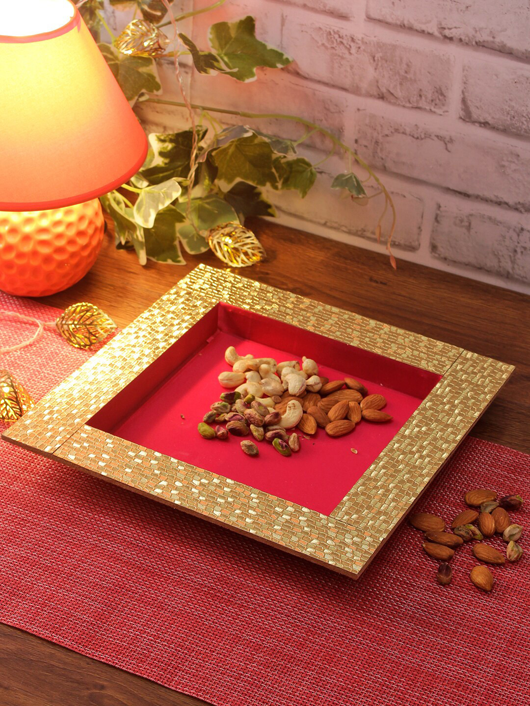 Aapno Rajasthan Red Printed Square Wooden Tray