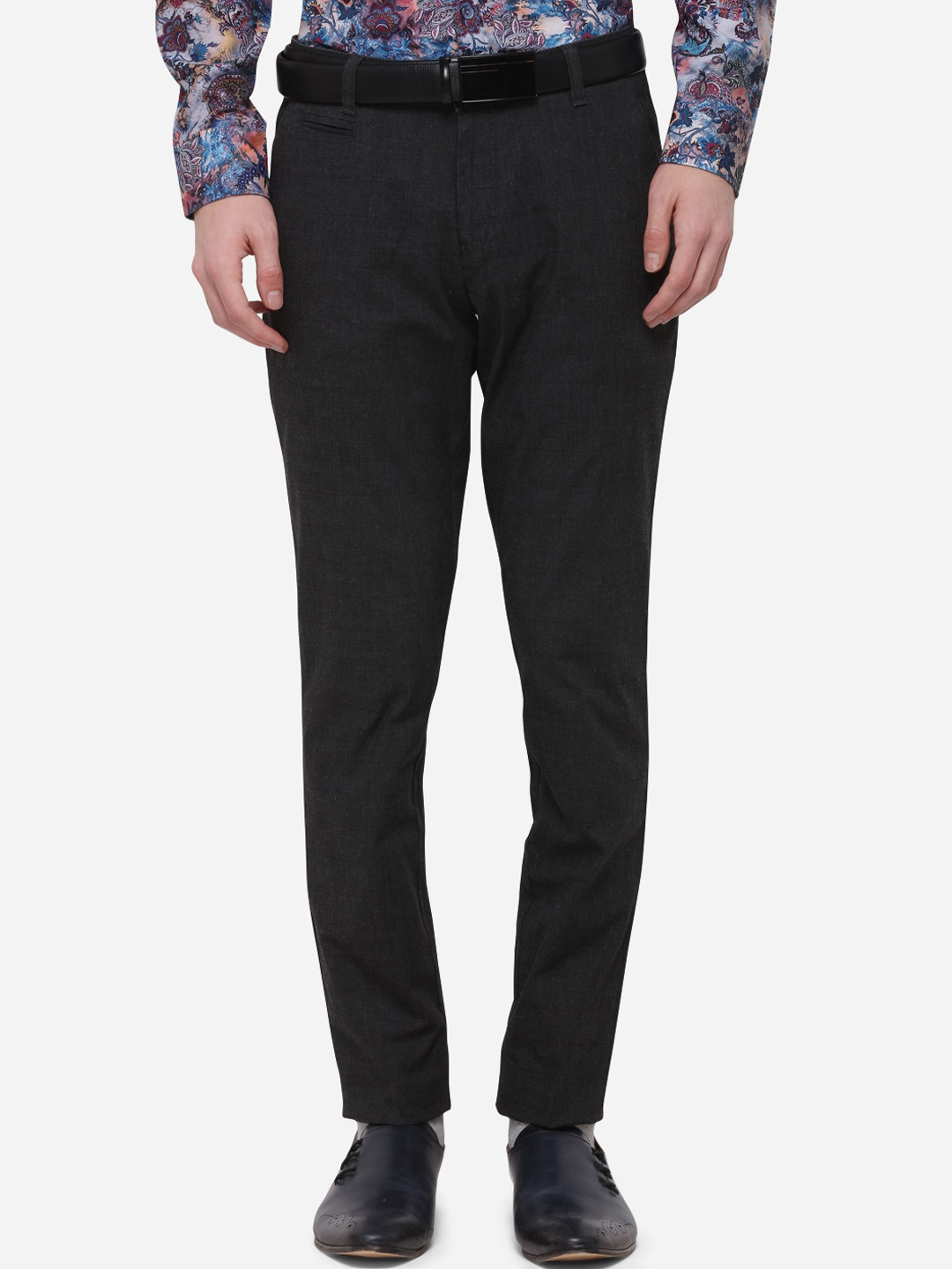 JB STUDIO Men Black Slim Fit Checked Formal Trousers