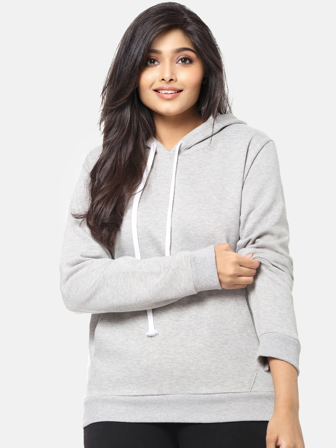 Instafab Plus Women Grey Solid Hooded Sweatshirt