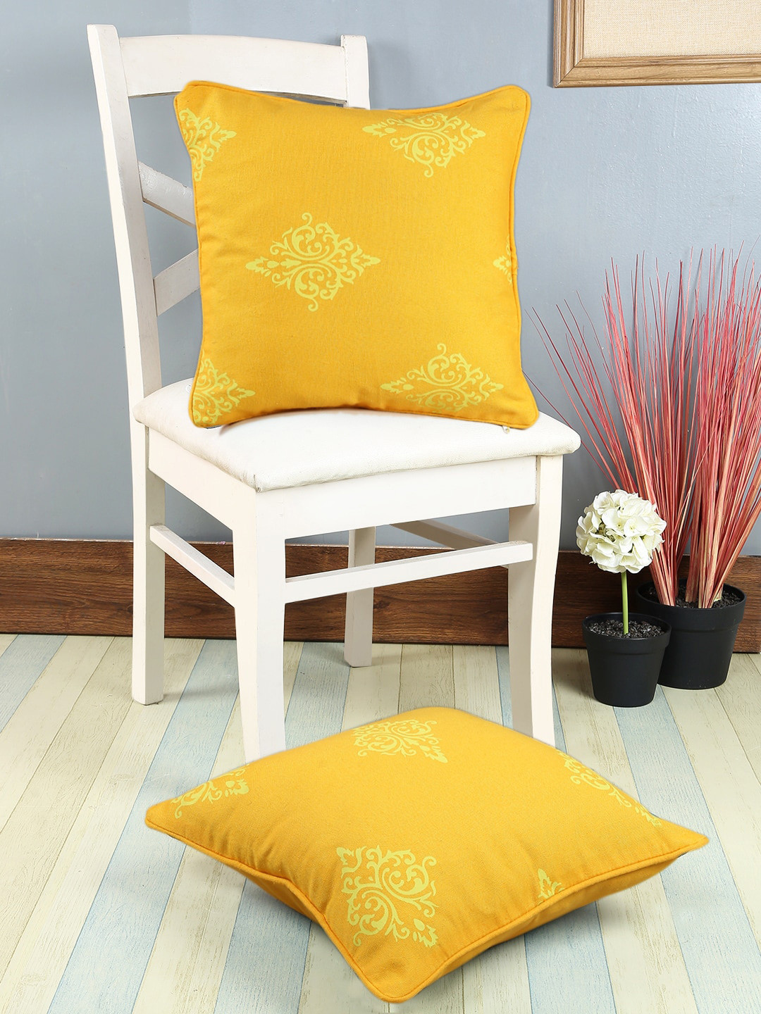 Soumya Yellow Set of 2 Ethnic Motifs Square Cushion Covers