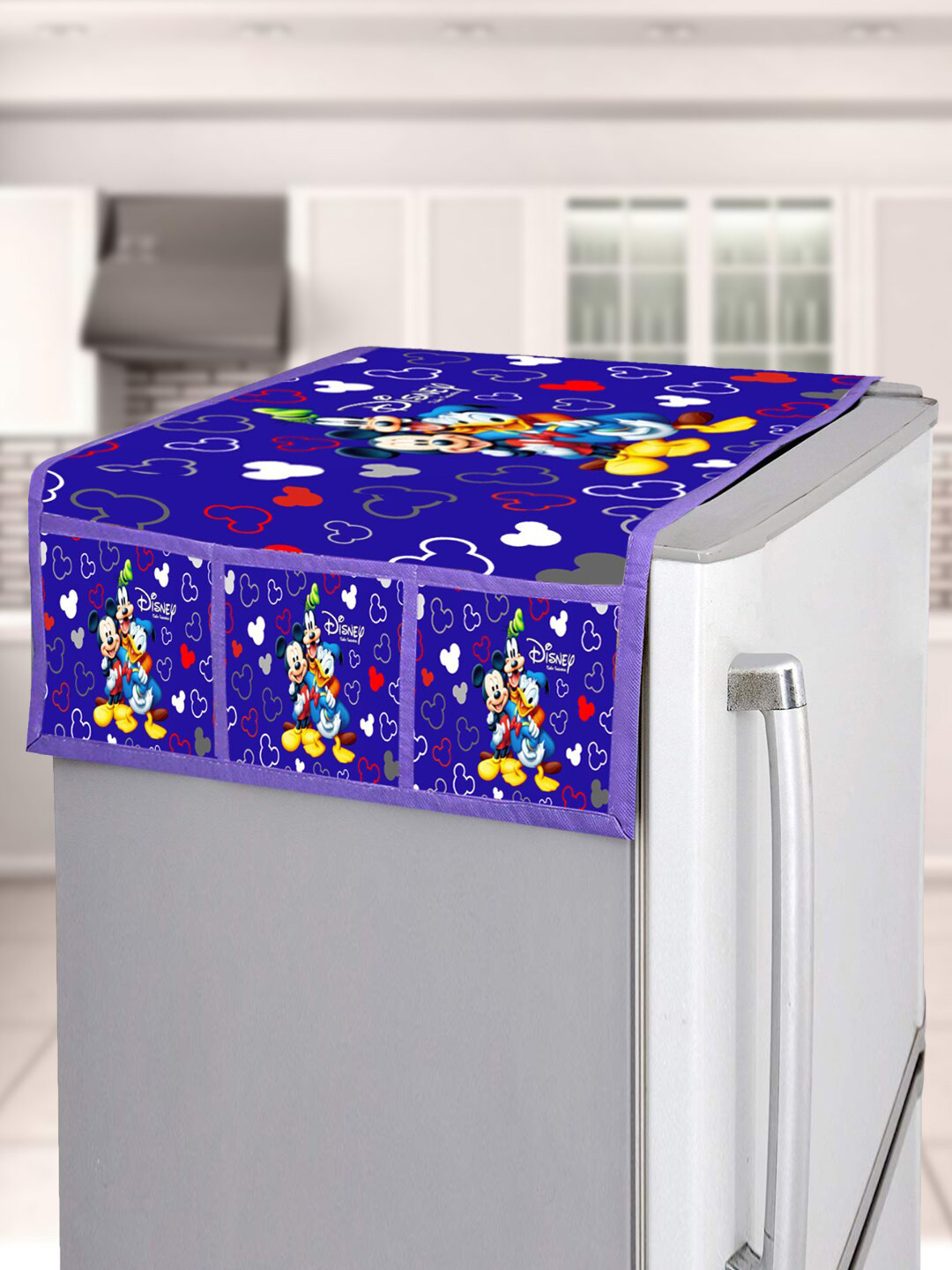 Kuber Industries Blue & White Disney Team Mickey Print Silk Refrigerator Top Cover