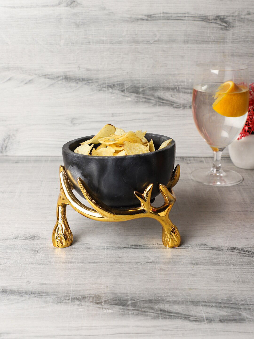 NikkisPride Black Solid Marble Bowl With Antler Gold Stand