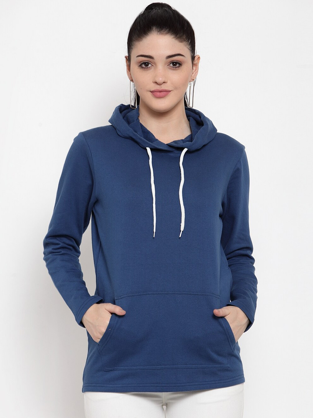 DOOR74 Women Navy Blue Solid Hooded Sweatshirt