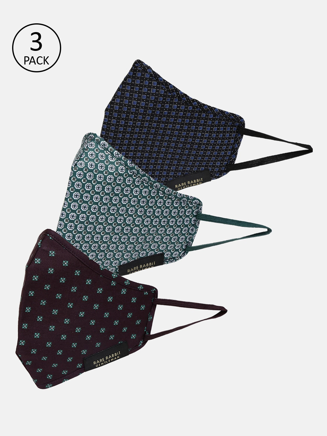 RARE RABBIT Men 3 Pcs Printed 3-Ply Anti-Pollution Reusable Cloth Mask