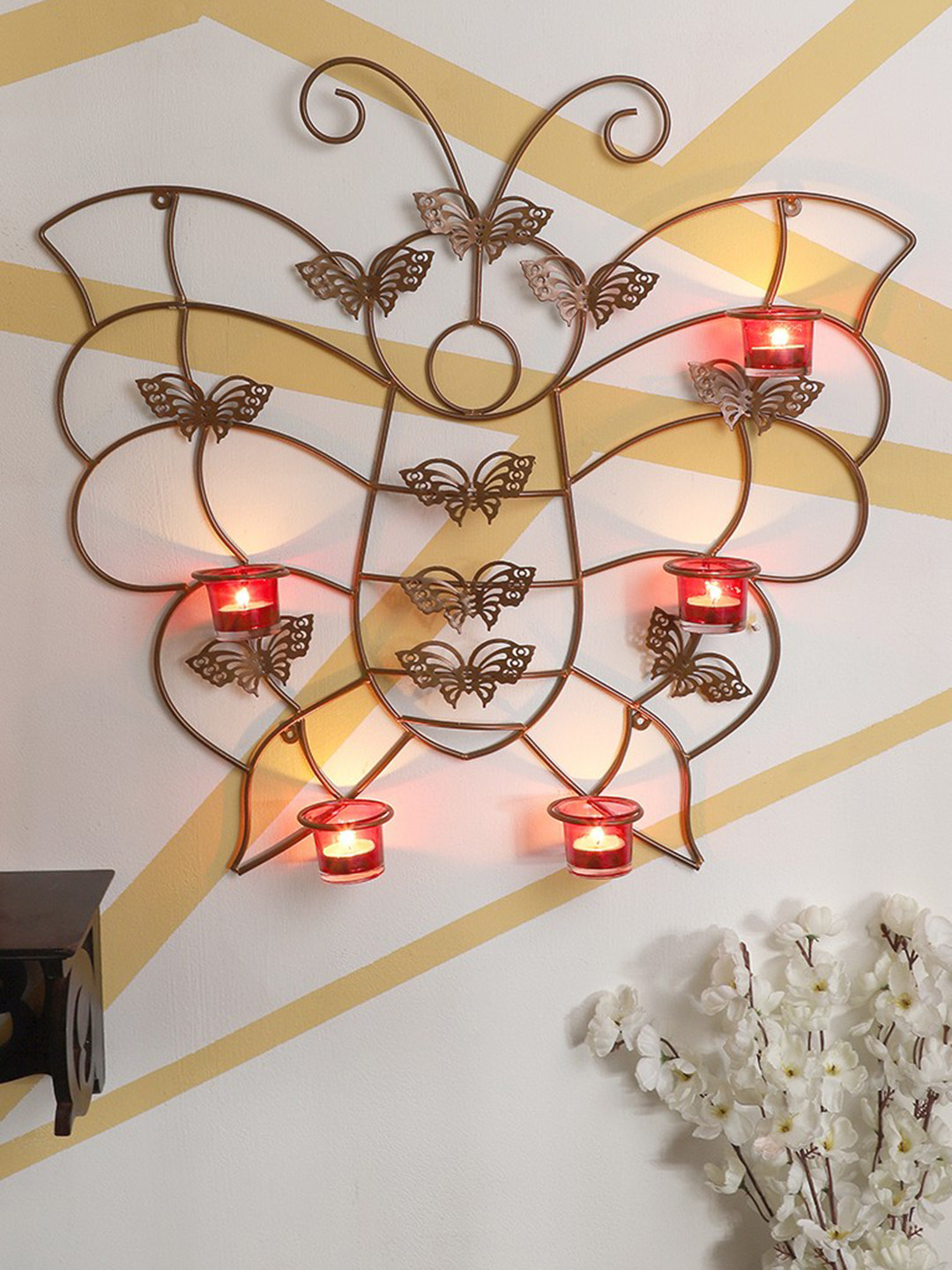 Home Sparkle Copper-Toned Butterfly Iron Tealight Candle Holders with 6 Glass Cups