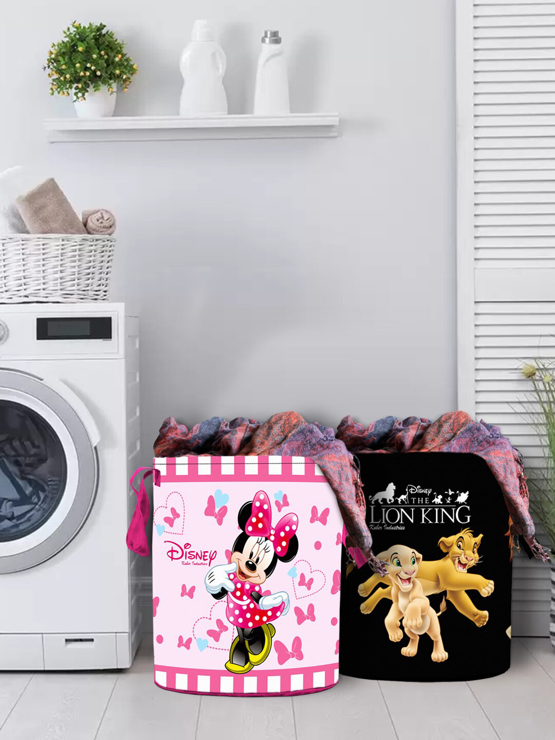 Kuber Industries Set Of 2 Disney Minnie Lion King Print Foldable Laundry Basket With Handles