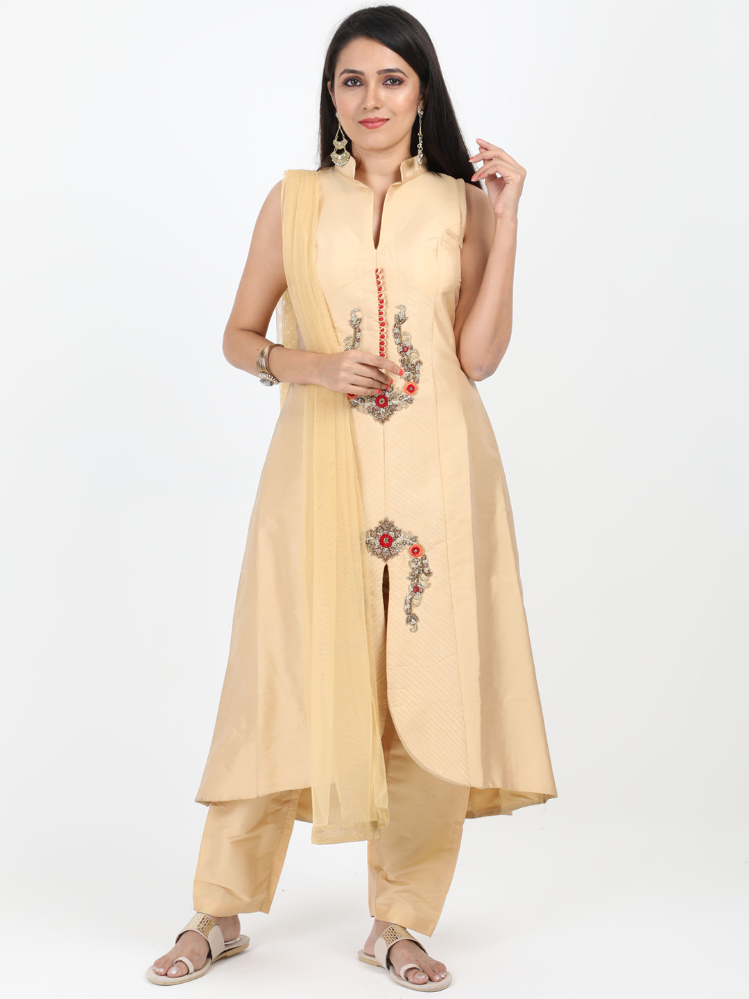 SABOO COLLECTIONS Women Beige Floral Embroidered Regular Sequinned Pure Silk Kurta with Palazzos & With