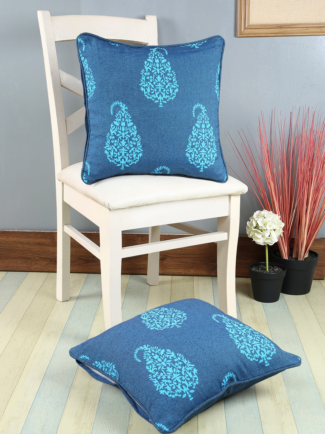 Soumya Blue Ethnic Motifs Cotton Breathable 2 Piece Square Cushion Covers -16x16In