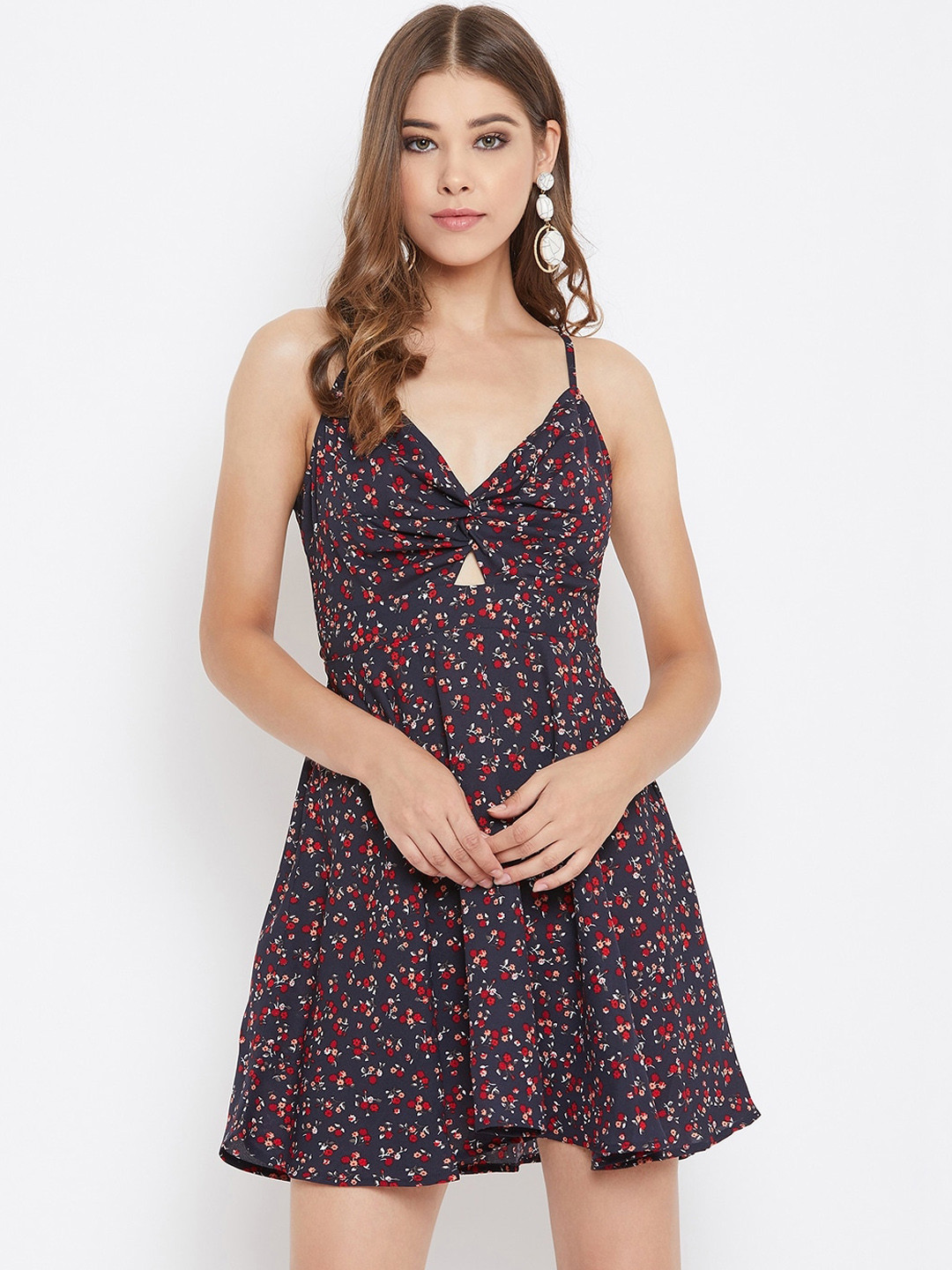Berrylush Women Navy Blue & Red Floral Printed Fit and Flare Dress