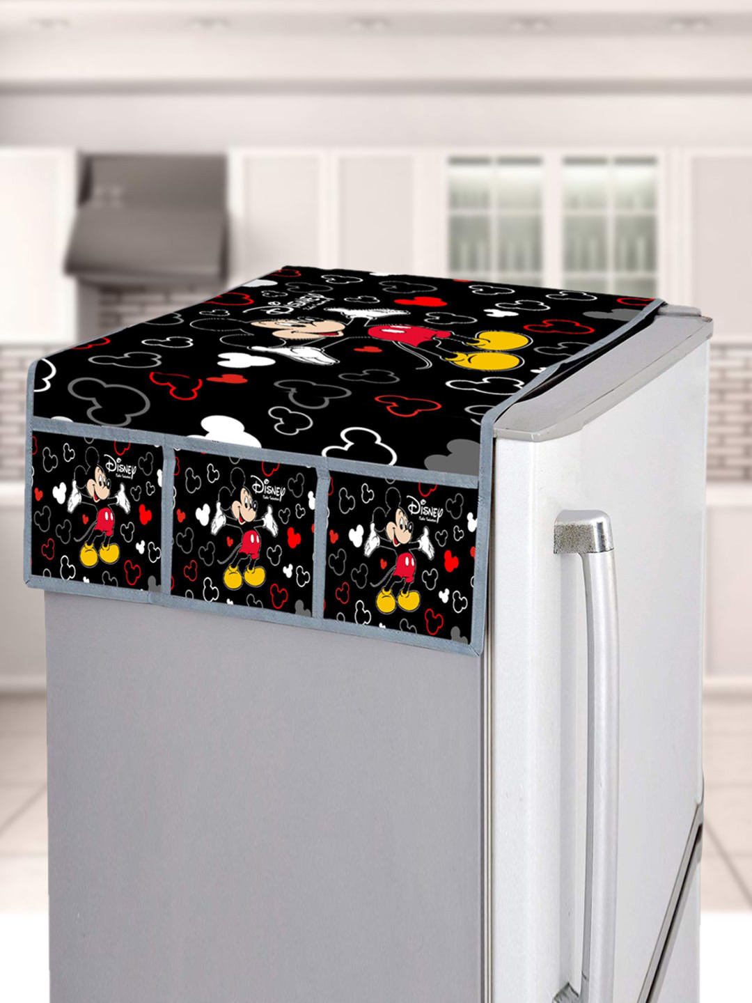 Kuber Industries Black & Red Mickey Mouse Printed Silk Refrigerator Top Cover
