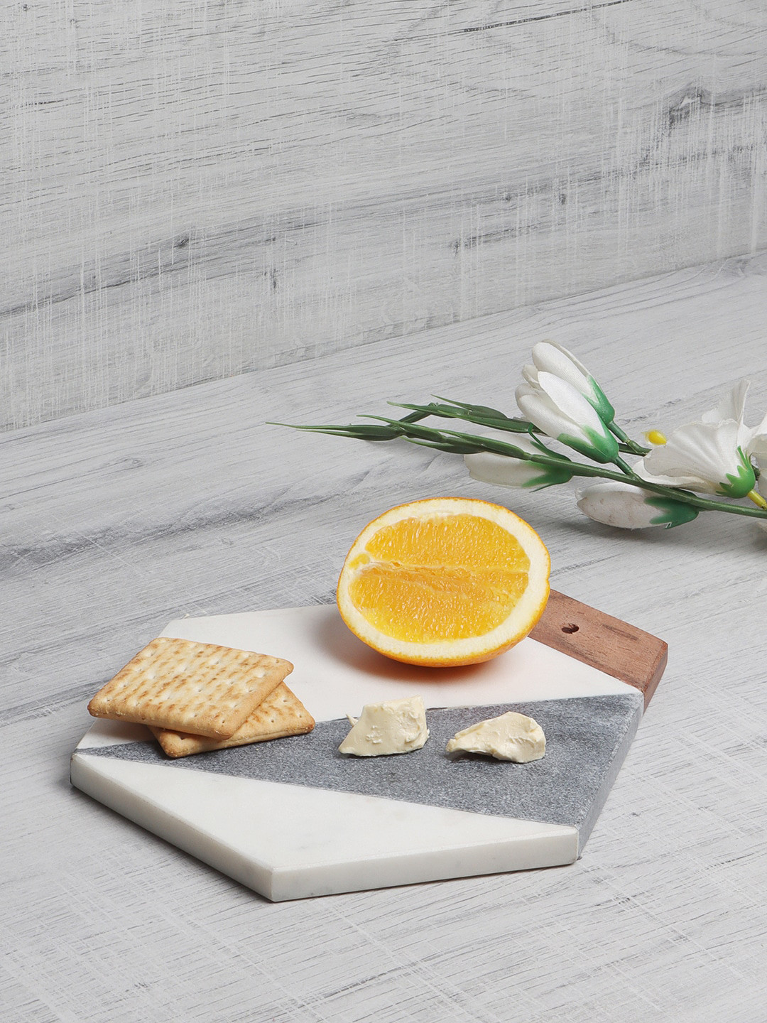 NikkisPride White & Grey Handmade Marble & Wooden Cheese Board Serving Platter