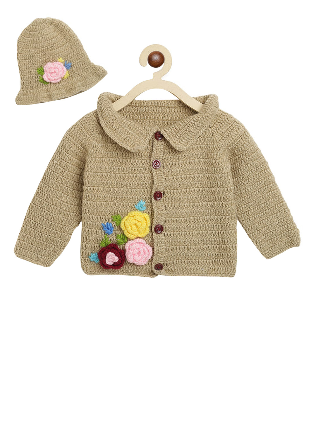 CHUTPUT Unisex Kids Brown Self Design Woolen Front-Open Sweater With Cap