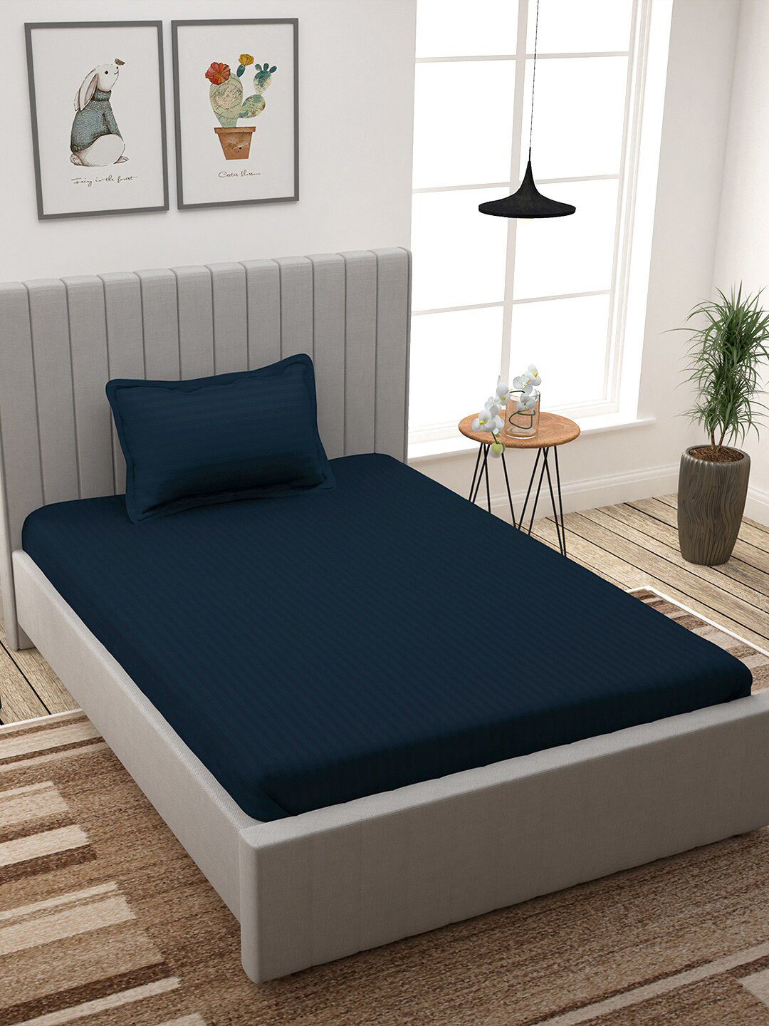 Story@home Navy Blue Striped Cotton Breathable 300 TC Single Superfine Bedsheet with a Pillow Cover-89 x 61 inches