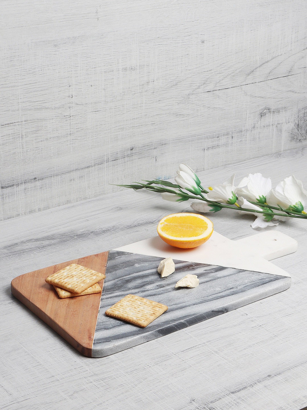 NikkisPride White & Grey Handmade Marble & Wooden Cheese Board Serving Platter