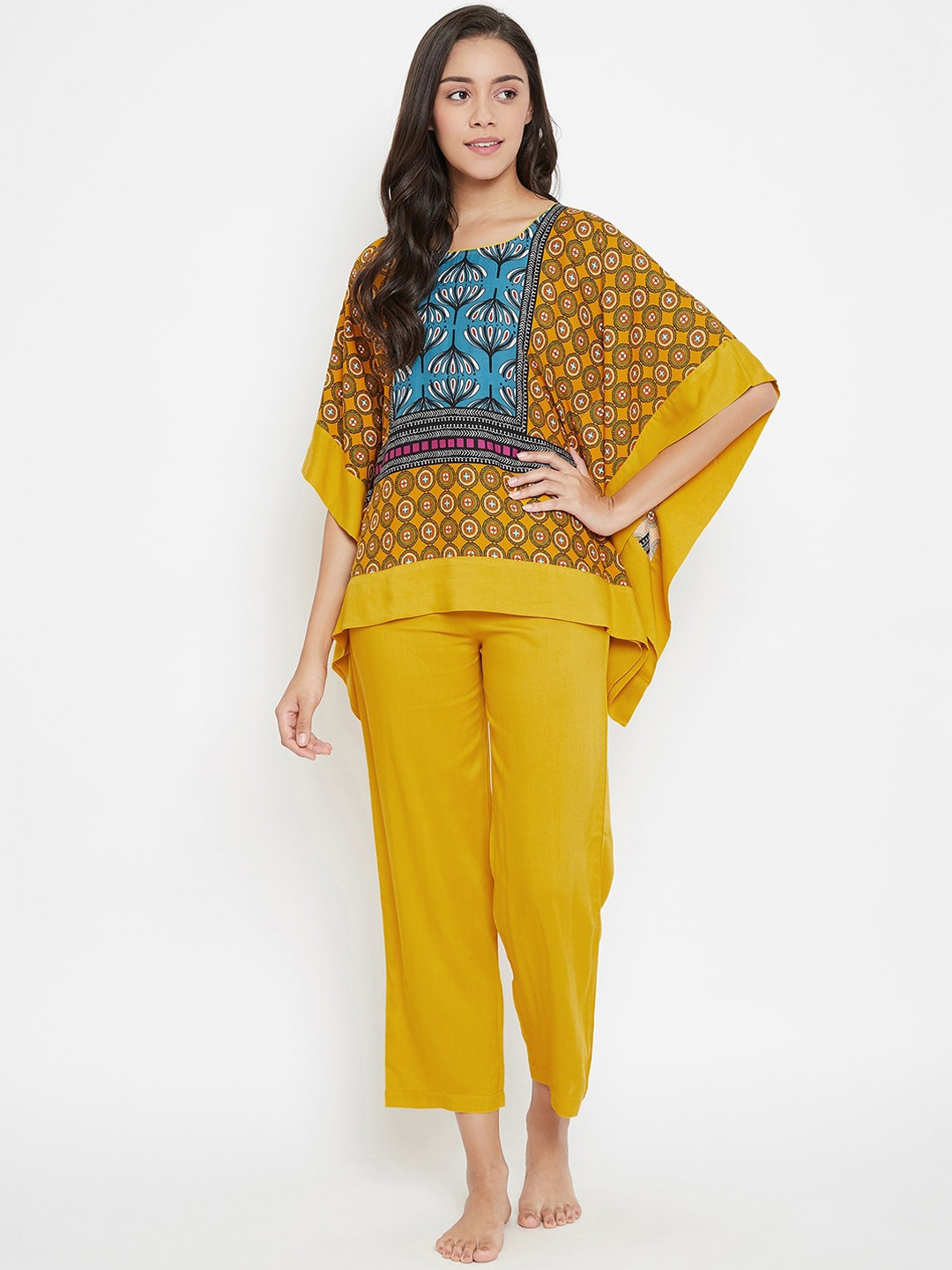 The Kaftan Company Women Mustard Yellow Printed Night suit