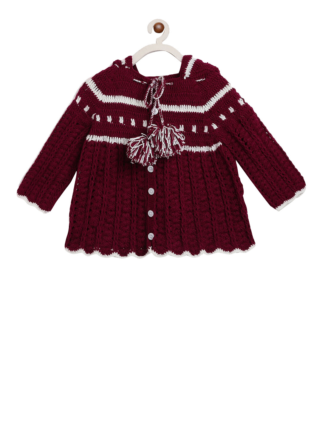 CHUTPUT Girls Maroon Self Design Sweater Dress