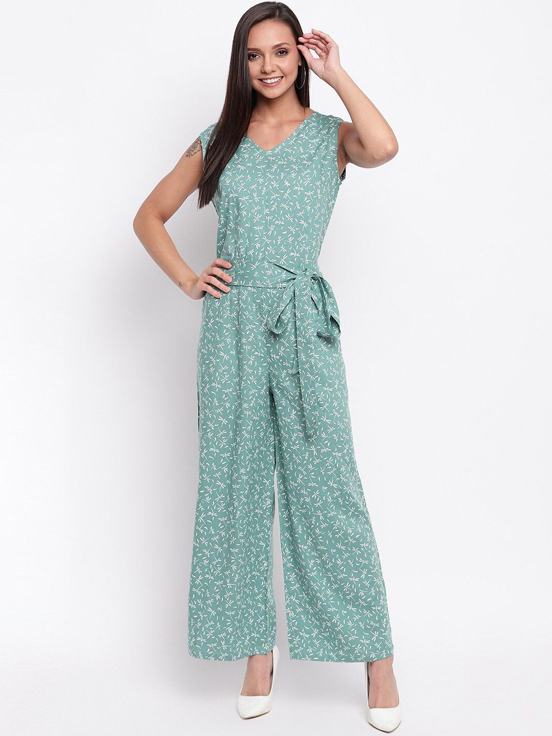 Mayra Women Green & Off-White Printed Basic Jumpsuit