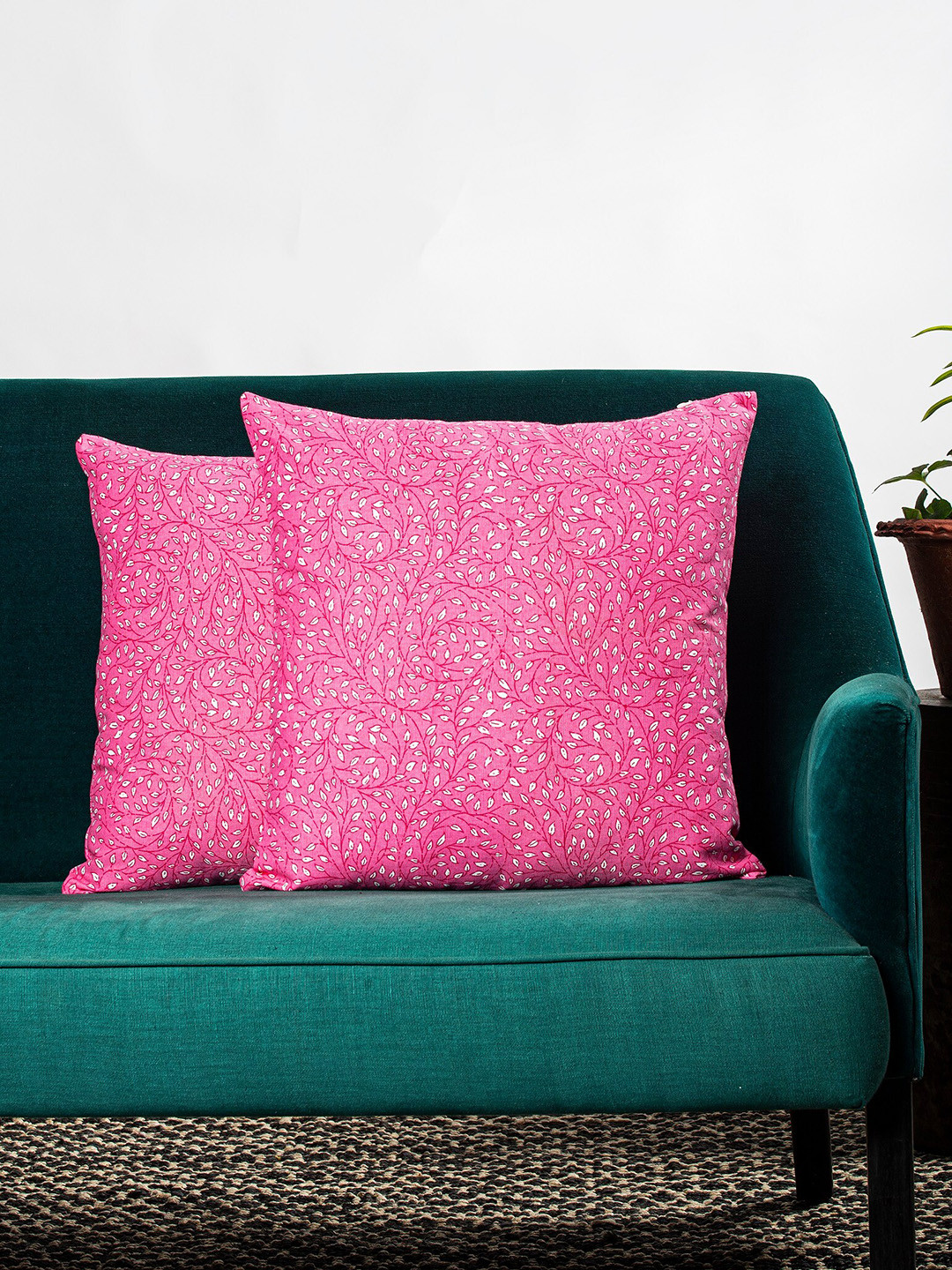 Contrast Living Pink Floral Cotton Breathable 2 Pcs Square Cushion Covers - 19.7x19.7In