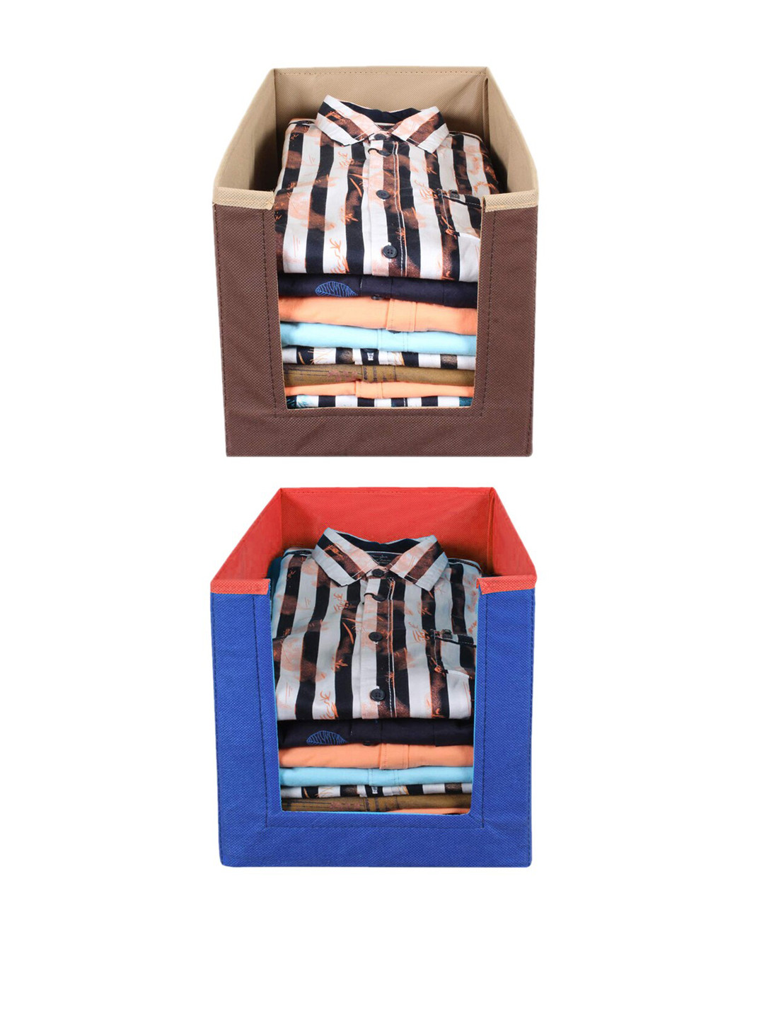 Kuber Industries Set Of 2 Brown & Blue Solid Non-Woven Sustainable Wardrobe Organizer