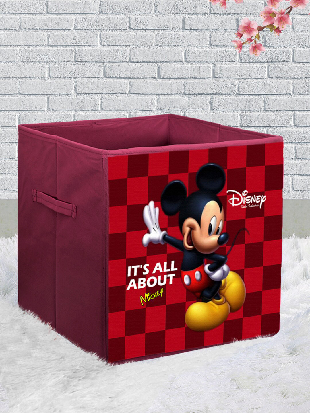 Kuber Industries Maroon Disney Printed Foldable Large Size Multi-Utility Storage Cube With Handle