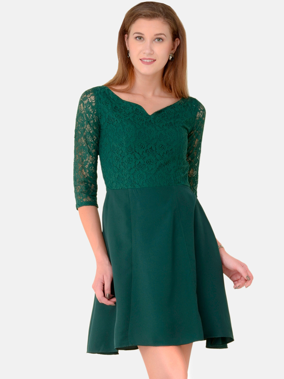 V&M Women Green Lace Fit and Flare Dress