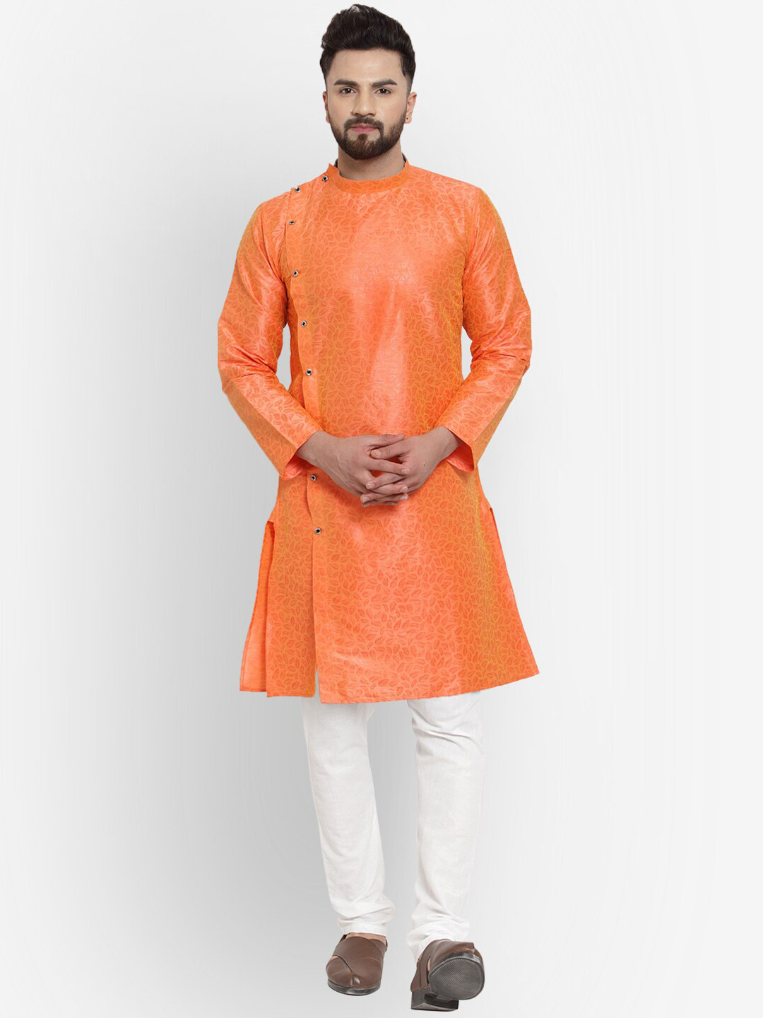 KLOTTHE Men Orange & White Self Design Kurta with Pyjamas