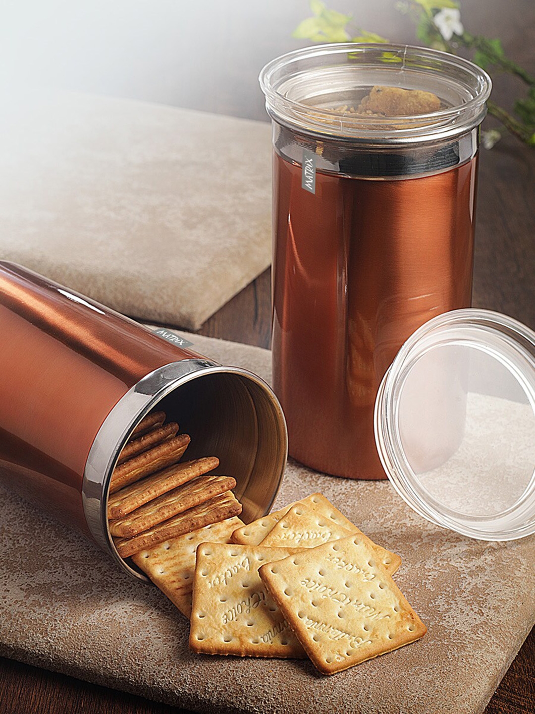 MATRIX Set of 2 Brown   Silver Toned Stainless Steel Air Tight Canister Set