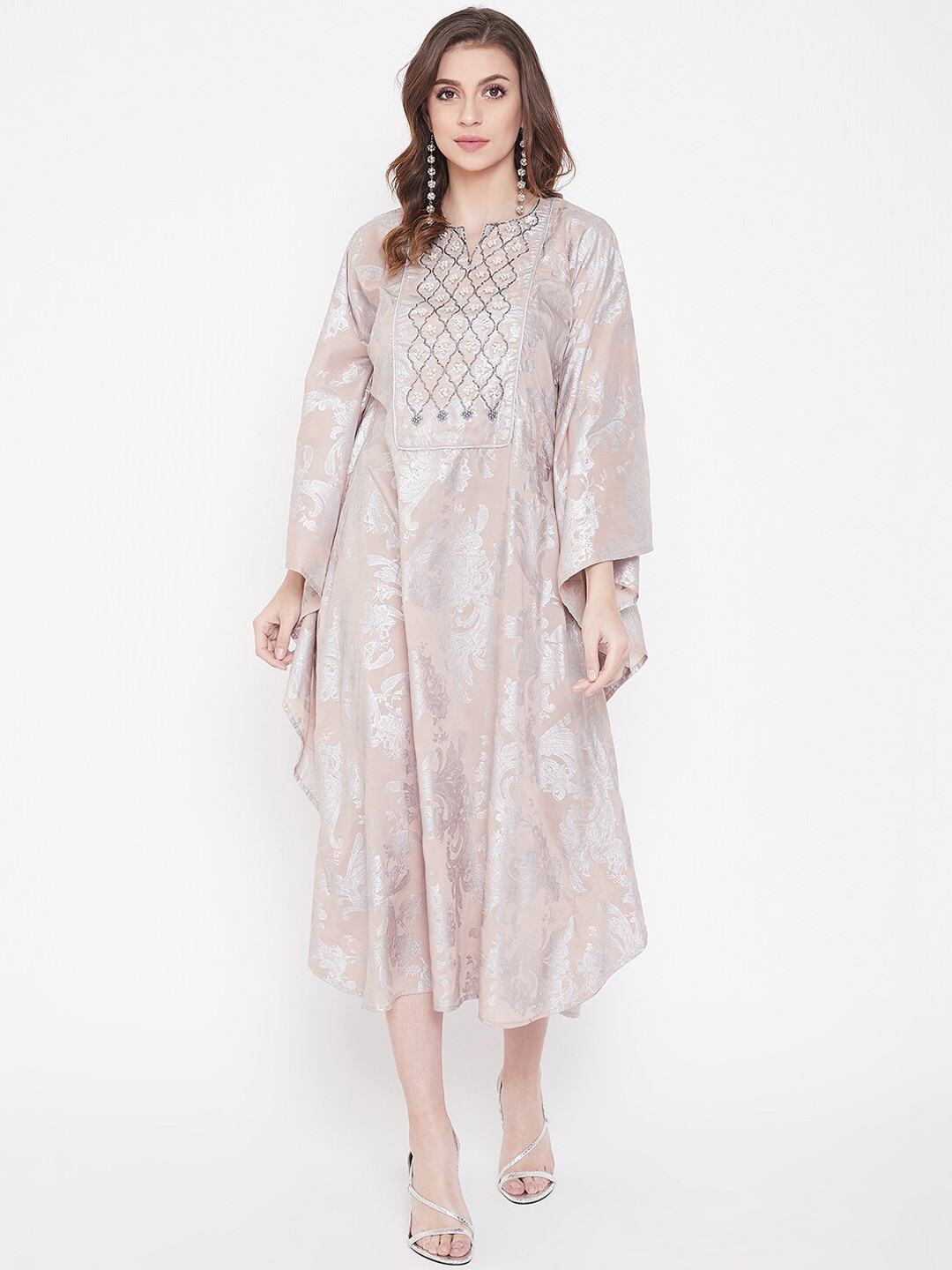 The Kaftan Company Women Beige Embellished Jacquard A-Line Dress