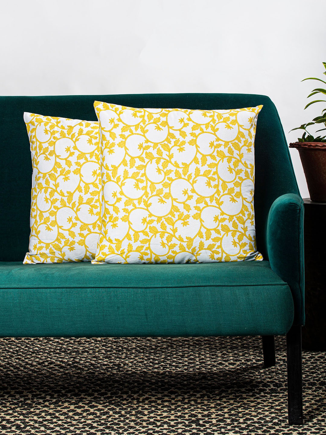 Contrast Living Mustard Yellow & White Set of 2 Floral Square Cushion Covers