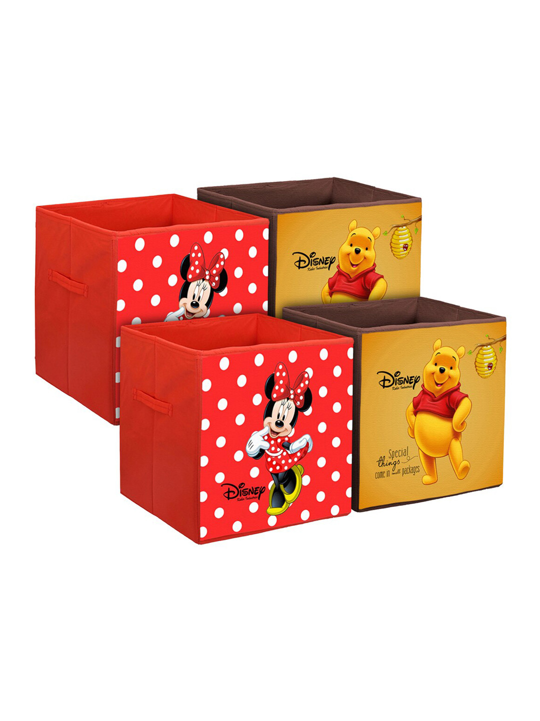 Kuber Industries Set Of 4 Disney Minnie Mouse & Winnie-The Pooh Print Foldable Storage Cube Organizers