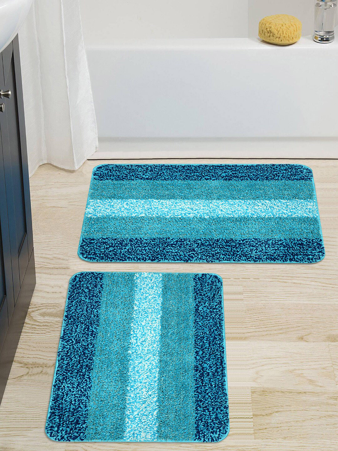 Saral Home Pack Of 2 Turquoise Blue & Teal Blue Striped Anti-Skid Bath Mats