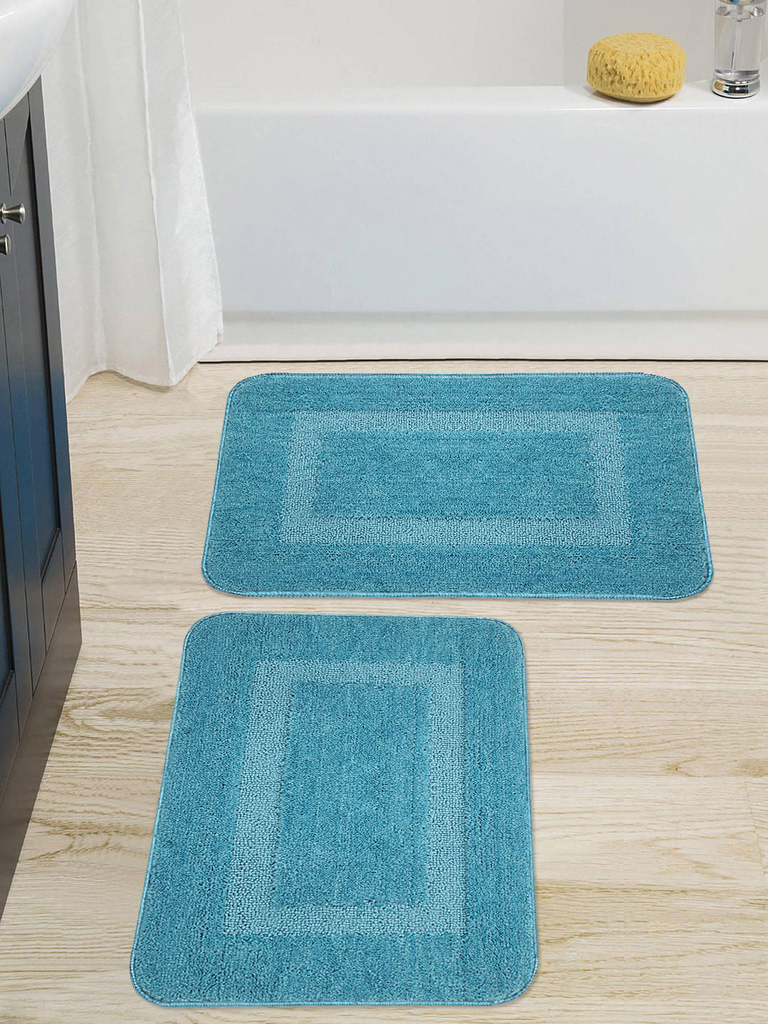 Saral Home Set of 2 Blue Woven-Design Anti-Skid Bath Mats