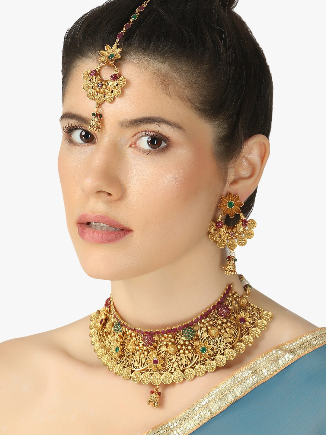 Adwitiya Collection 24 CT Gold-Plated Pink & Green Choker Stone Studded Jewellery Set