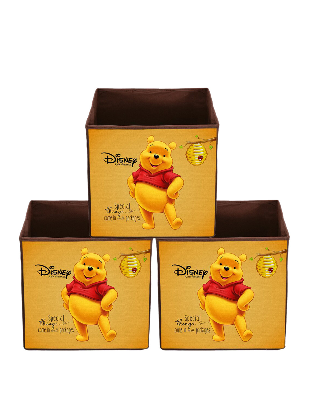 Kuber Industries Set Of 3 Yellow & Brown Disney Winnie-The-Pooh Printed Non-Woven Foldable Cloth Storage Boxes