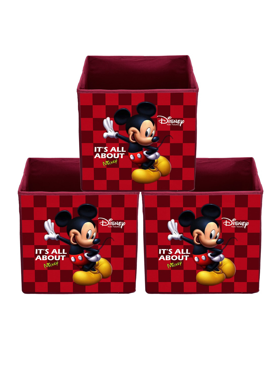 Kuber Industries Set Of 3 Maroon & Black Disney Mickey Mouse Printed Non-Woven Foldable Sustainable Storage Boxes