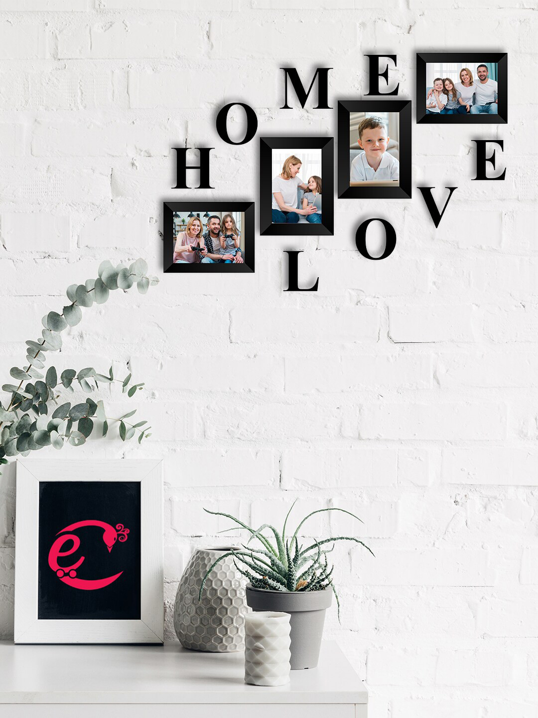 eCraftIndia Set of 4 Black Solid Memory Wall Collage Photo Frame With HOME & LOVE Plaques