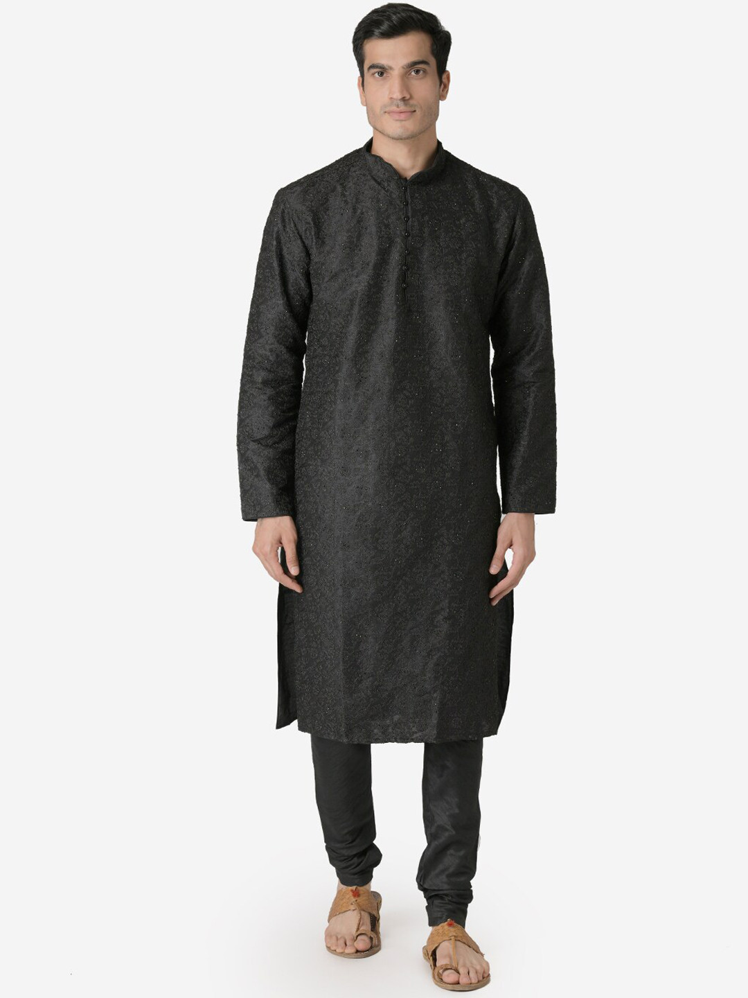 Sanwara Men Black Embroidered Kurta with Churidar