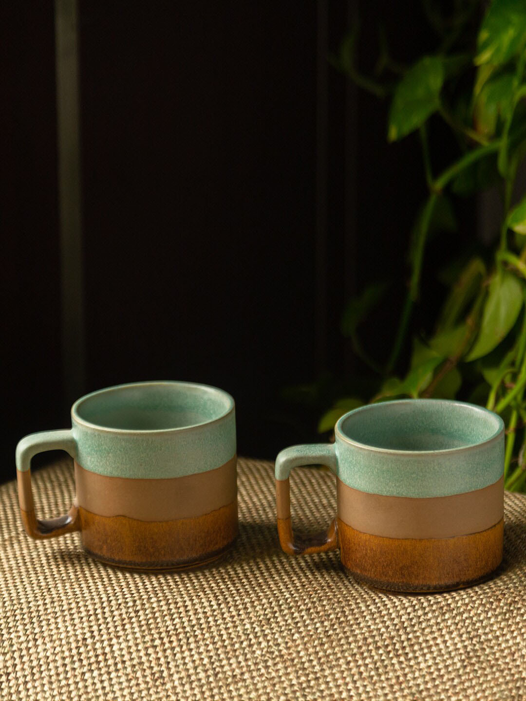 ExclusiveLane Jaipur Gem Green Textured Ceramic Microwave Safe 2 Piece Mugs-362ml
