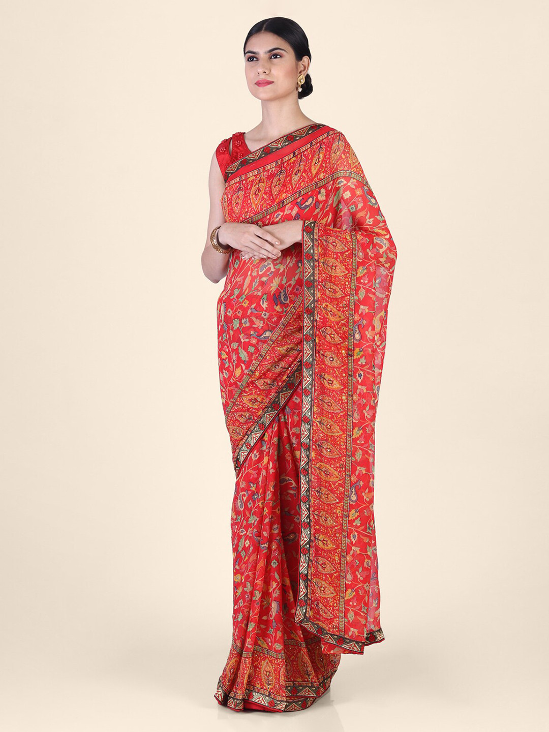 CLAI WORLD Red Printed Saree