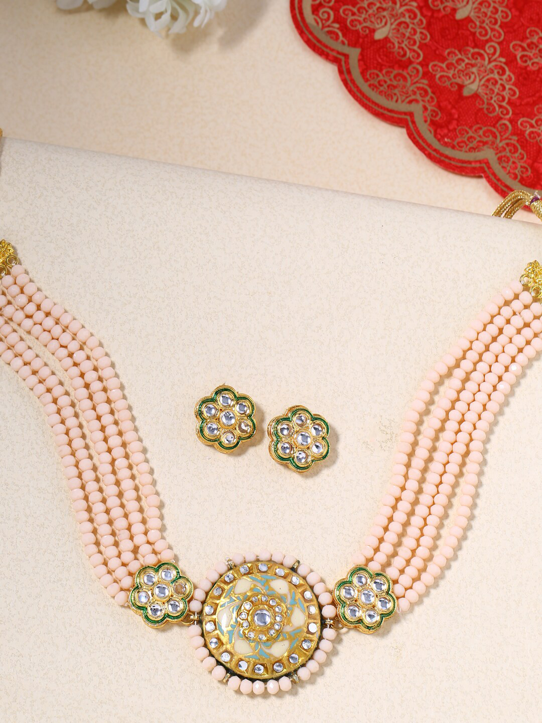 Shoshaa Gold-Plated Pink & White Onyx Studded Jewellery Set