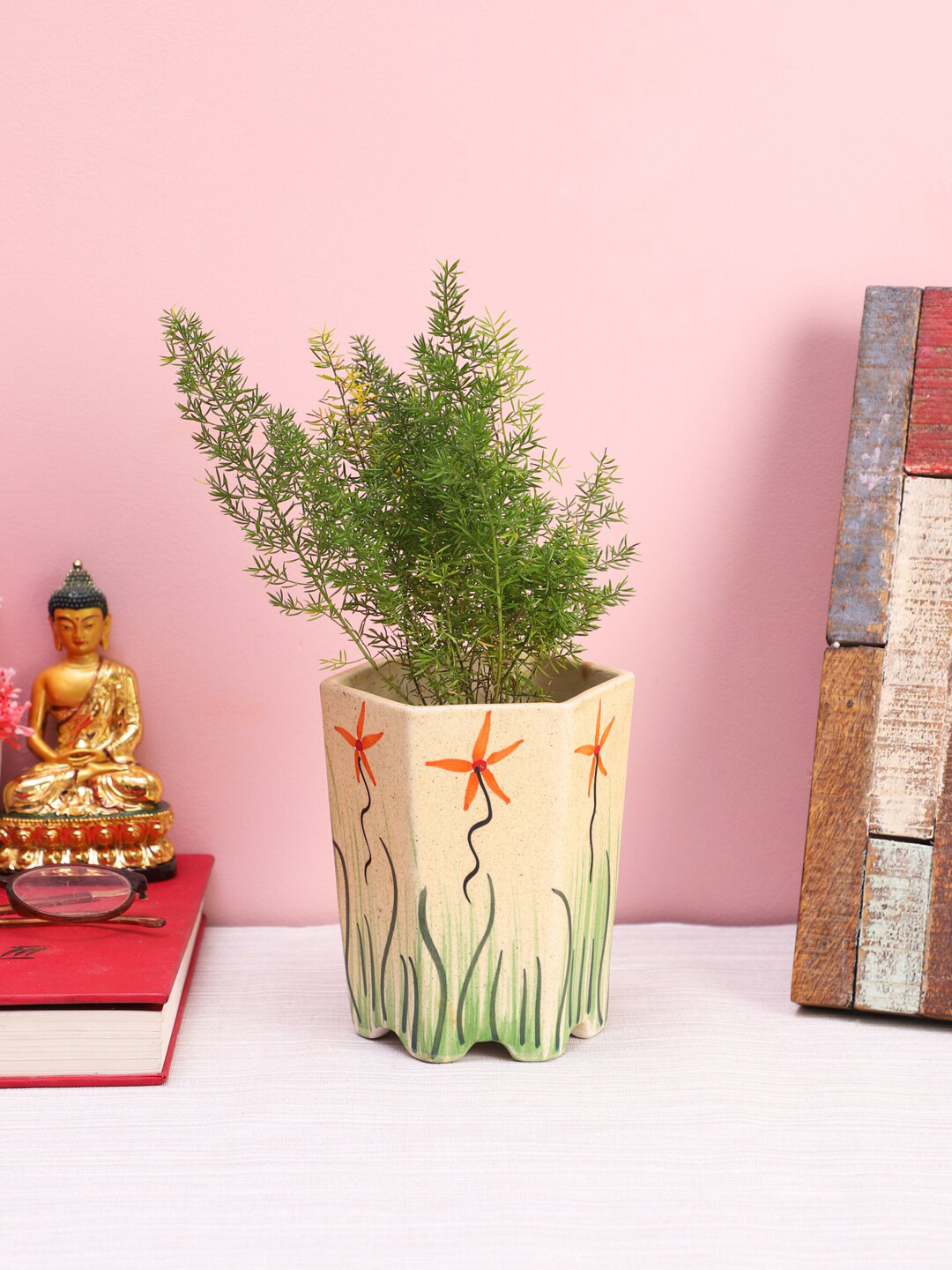 CDI Beige Printed Ceramic Hexa Shaped Flower Pot